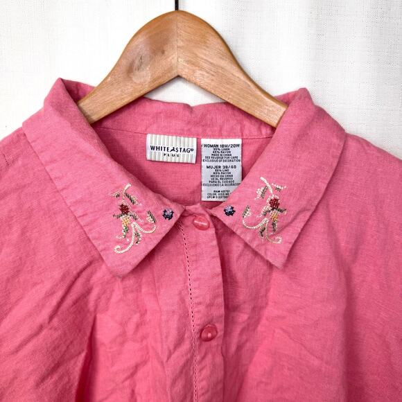 Linen Button Down Women's 18/20W Embellished Cottagecore Grannycore Summer Beach - Picture 2 of 10